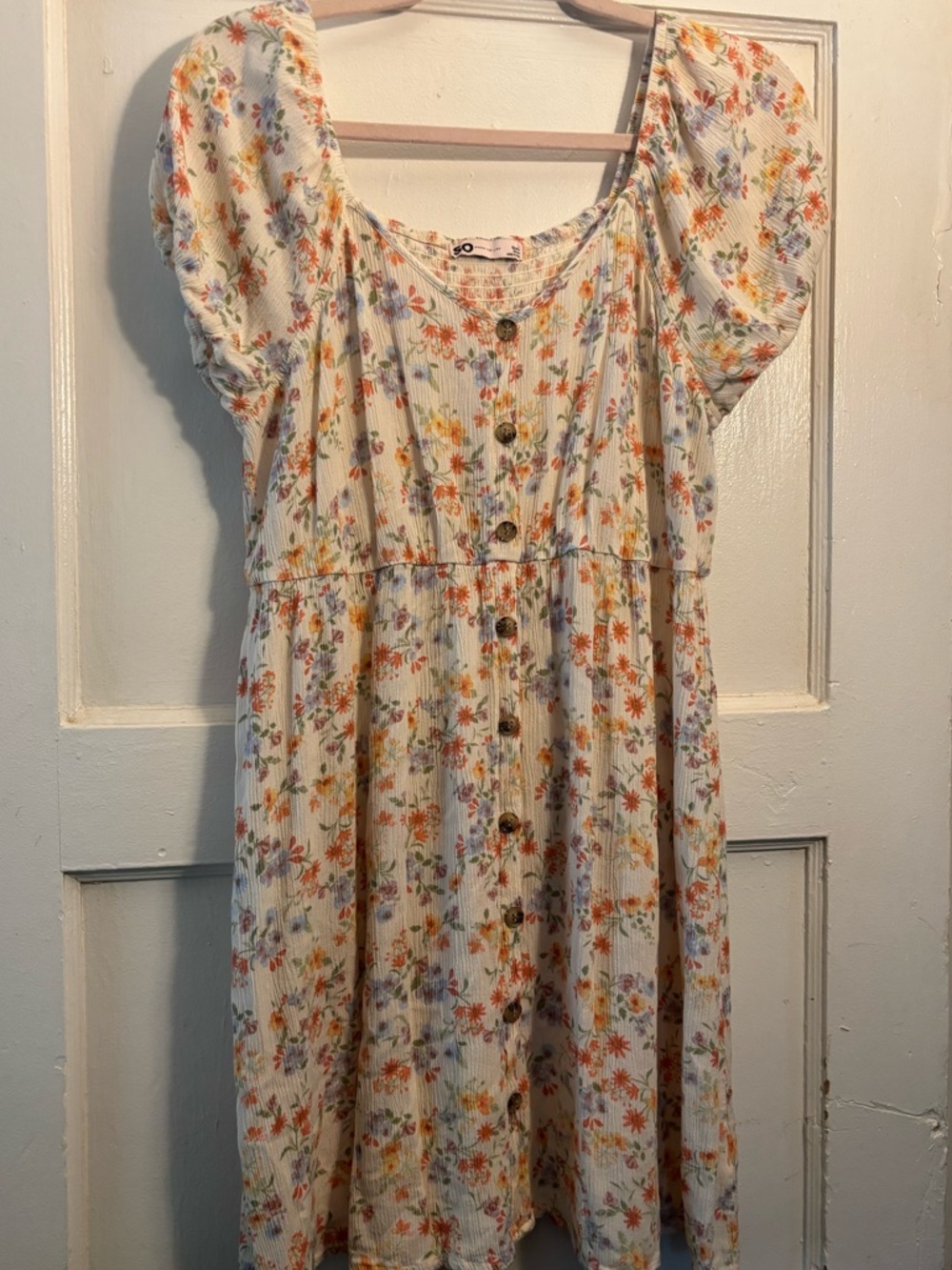 SO Floral Button-Front Dress in Cream with Orange & Blue Flowers